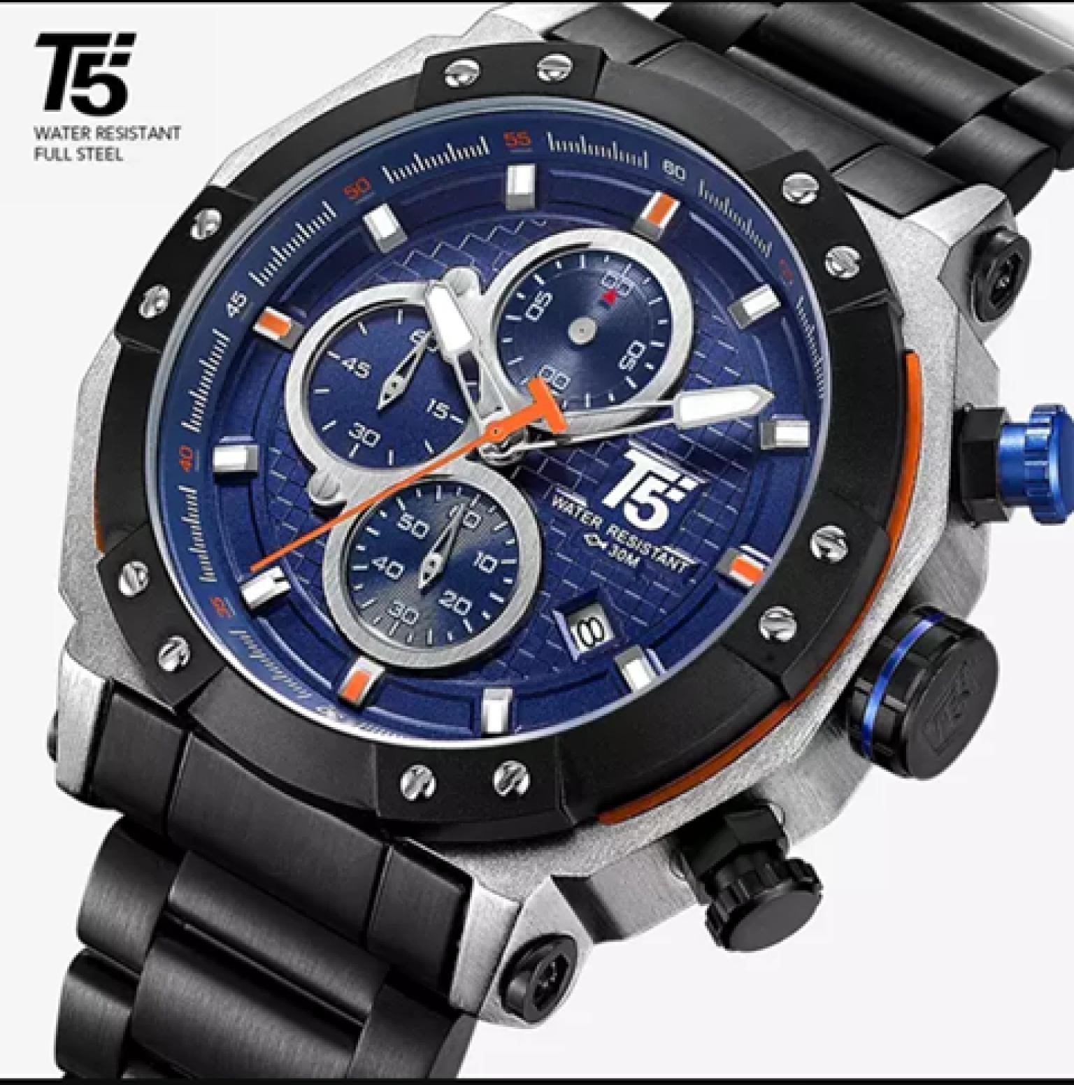 T5 Male Man Quartz Mens Chronograph Waterproof Clock Sport Wrist Watch Men Watches Wristwatch Box stopwatch 2020 Blue dial